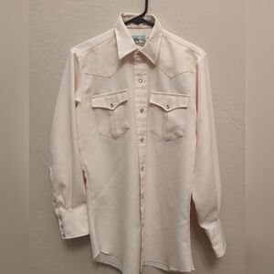 Vintage Retro Western Shirt Mens 141/2 32 Ivory Pearl Snap Button Long Sleeve